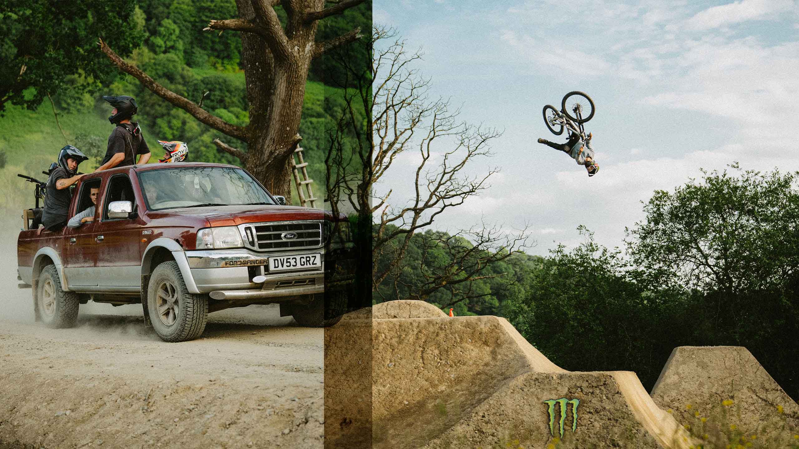 Bikers in a truck bed and one taking a jump